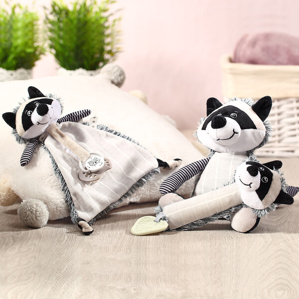 Cuddly toy with pacifier holder RACOON ROCKY