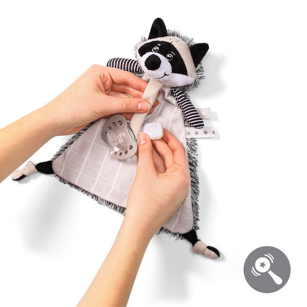 Cuddly toy with pacifier holder RACOON ROCKY