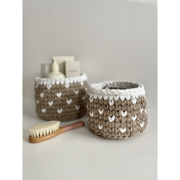 Beige Hearts crochet storage basket -set of 2