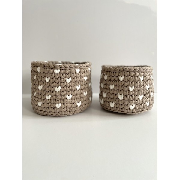 Beige Hearts crochet storage basket -set of 2