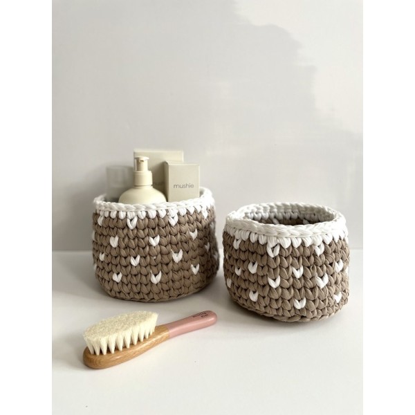 Beige White Hearts crochet storage basket -set of 2