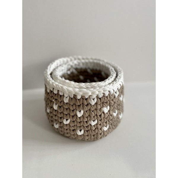 Beige White Hearts crochet storage basket -set of 2