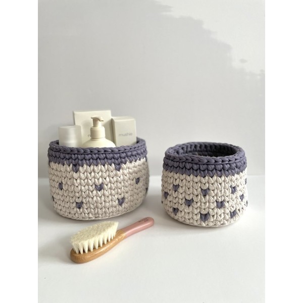 Grey Hearts crochet storage basket -set of 2