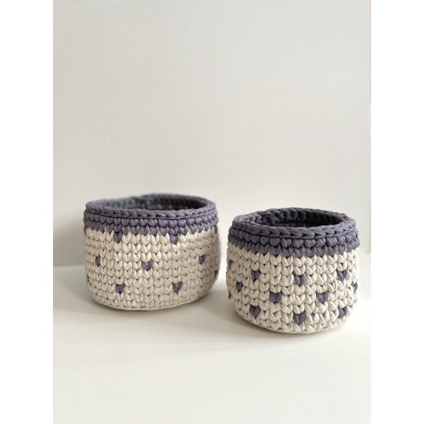 Grey Hearts crochet storage basket -set of 2