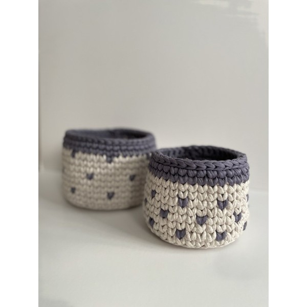 Grey Hearts crochet storage basket -set of 2