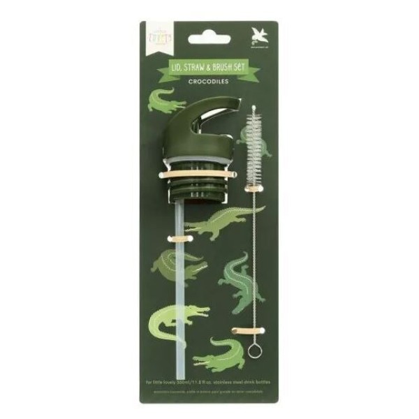 Lid, straw & brush set: Crocodiles